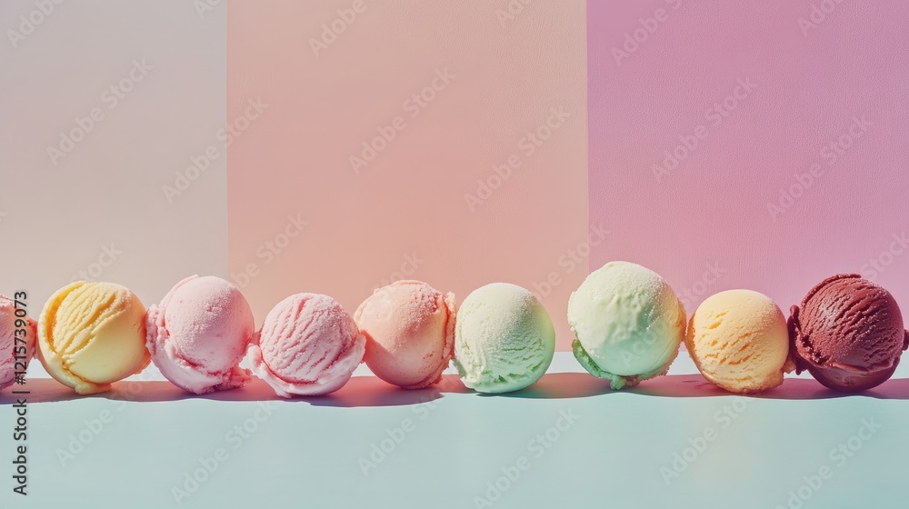 Aufkleber assorted colorful ice cream scoops arranged on a pastel background in a modern minimalist design wit