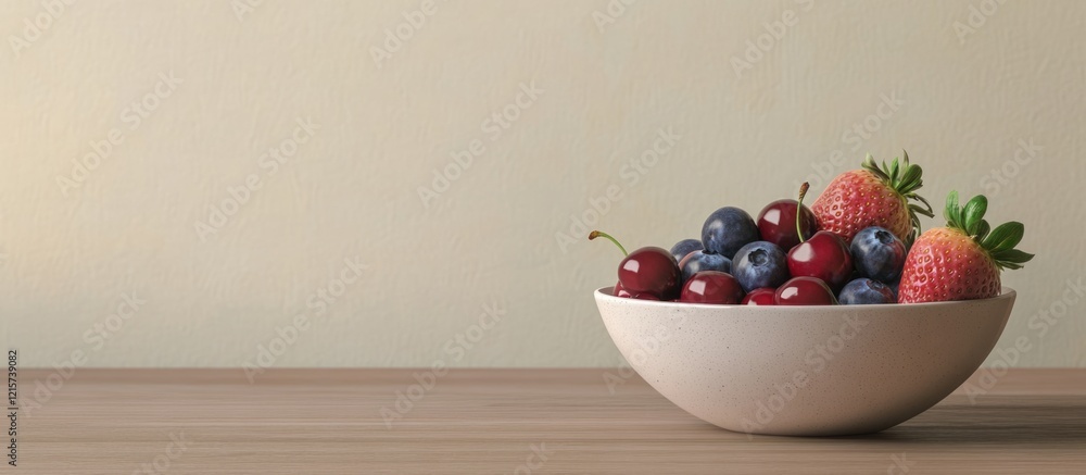 Poster bowl of fresh strawberries blueberries and cherries on wooden table with neutral background and empt