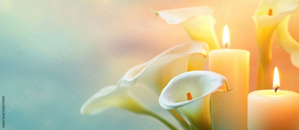 Poster serene abstract background with calla lilies and candles ideal for creating soothing text overlays a