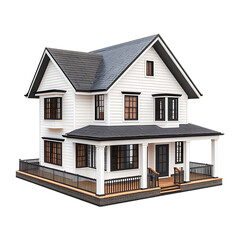 3D modern house model white color with brown roof isolated on a transparent background