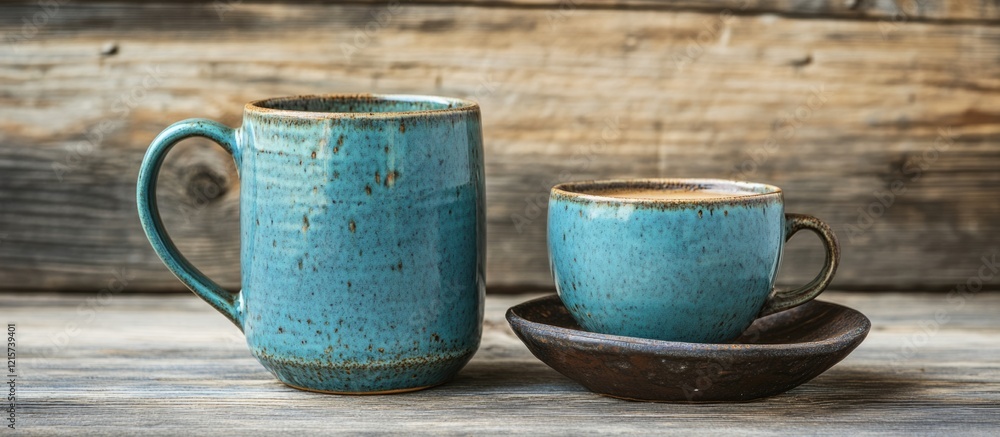 Poster blue coffee cups with textured design on rustic wooden table with empty space for text or branding i