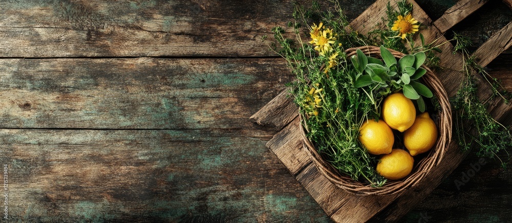 Poster basket of organic lemons and fresh herbs on rustic wooden surface with ample space for customization