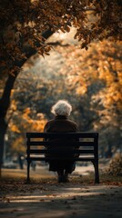 Elderly Woman Sits Alone On Park Bench Autumn Day