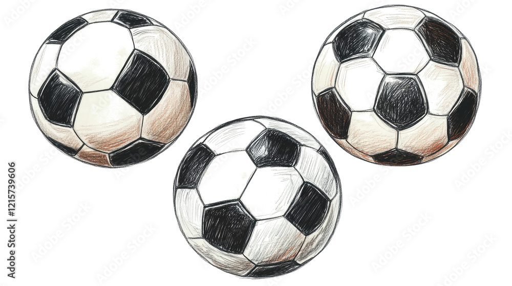 Poster sketches of soccer balls on a transparent background generative ai
