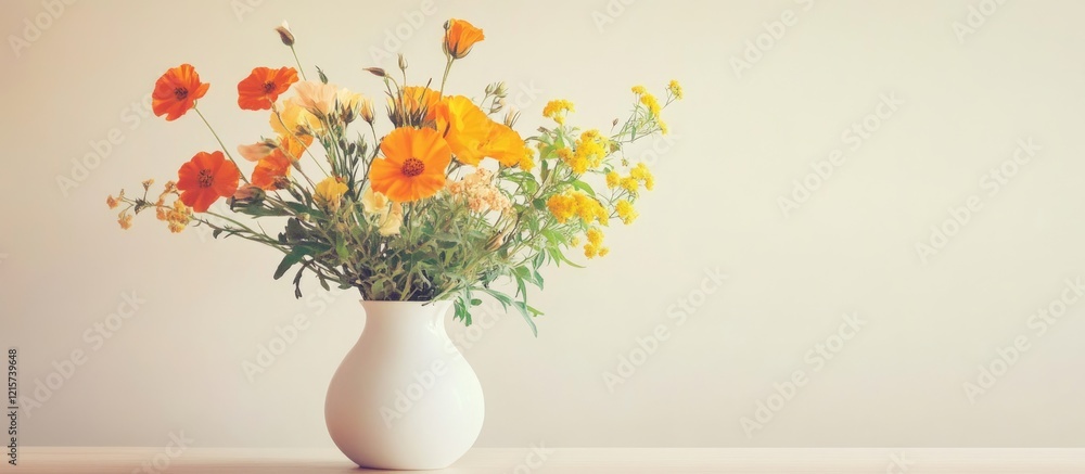 Poster elegant arrangement of orange and yellow wildflowers in a white vase with neutral background suitabl
