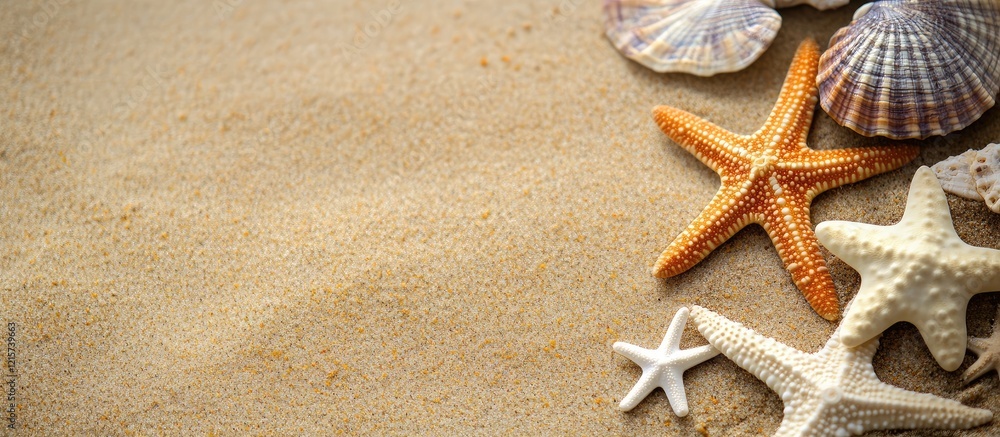 Poster coastal scene with seashells and starfish on sandy beach ideal for background or copyspace for text 