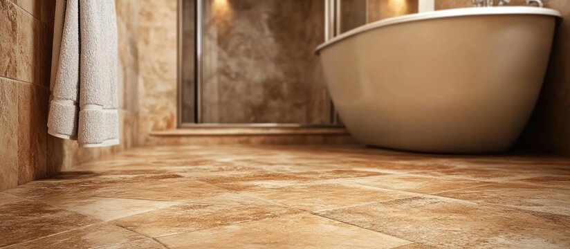 Mediterranean Bathroom with Tuscan Brown Floor Tiles and Elegant Bathtub in Stylish Interior Design featuring Empty Copyspace for Text