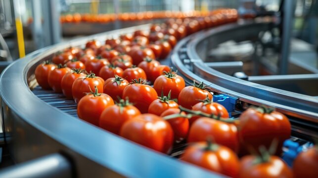 High-tech conveyor belt transporting fresh tomatoes in a circular motion for packaging in an automated production facility.