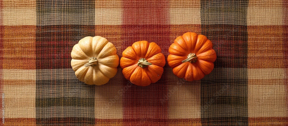 Aufkleber cozy autumn plaid background featuring three pumpkins for menu templates invitations and greeting ca