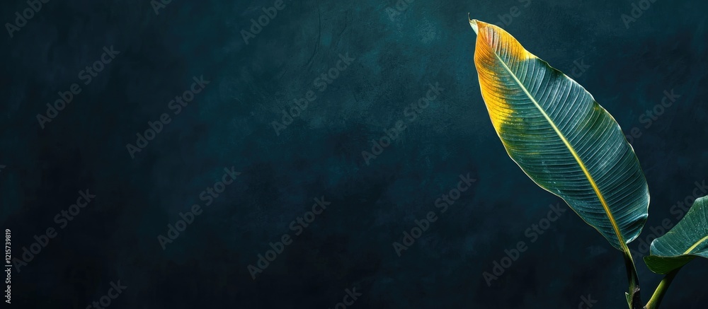 Poster banana resting on a green leaf against a dark background with ample empty space for text or design e
