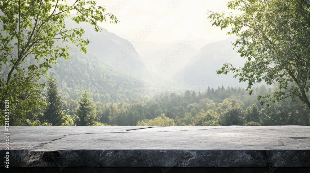 Poster natural stone tabletop against a scenic mountain background with empty copyspace for product display