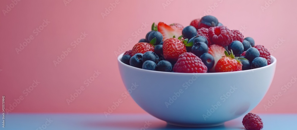 Poster bowl of fresh assorted berries on a colorful background with ample copyspace for text or promotional