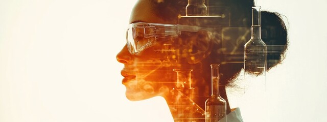 Double exposure portrait of female scientist with laboratory glassware highlighting scientific research in medicine and oil analysis
