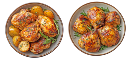 Grilled chicken thighs glazed with herbs and paired with roasted potatoes, garnished with rosemary on ceramic plates, transparent background, ideal for food menus or recipes