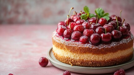 Gourmet cherry cake topped with fresh fruits and mint on a pink background with empty space for text in a delightful dessert presentation.