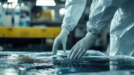Hazardous chemical analyst inspecting a spill in protective gear highlighting safety concerns with space for additional text or information