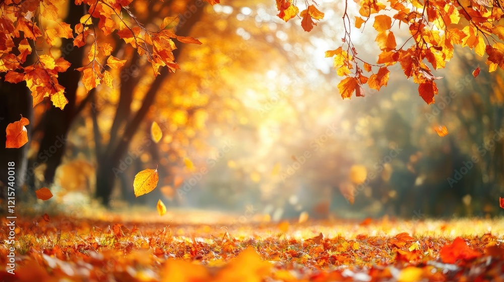 Poster autumn forest landscape featuring vibrant orange and yellow foliage creating a serene and colorful p