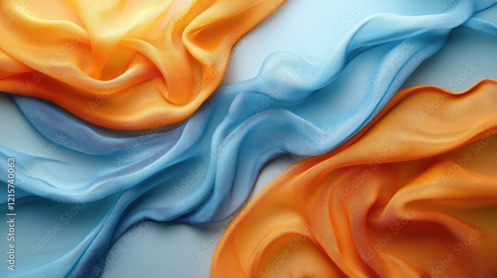 Poster top view of flowing tangerine orange and blue textile fabric abstract design with soft textures and 