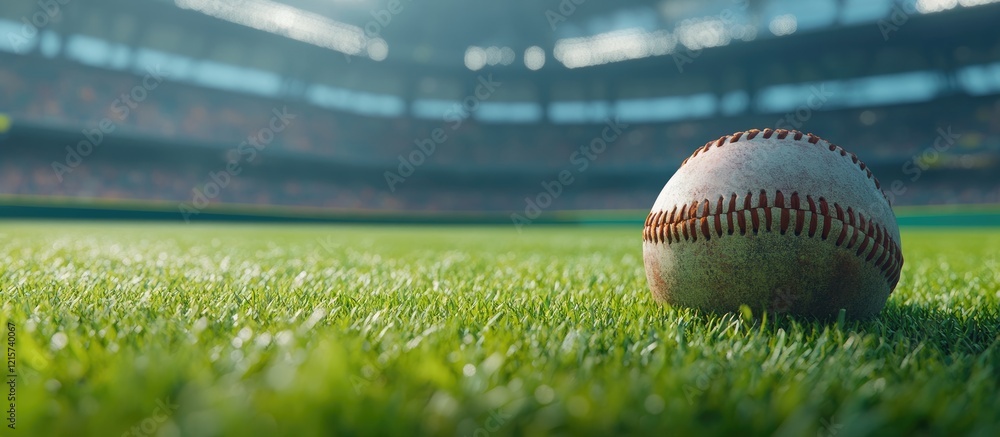 Poster baseball resting on lush green grass with a stadium backdrop and ample empty space for text or brand