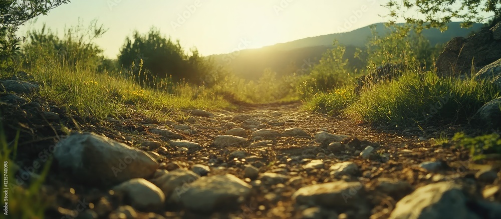 Poster scenic nature path at sunrise with vibrant greenery and rocks ideal for web content and streaming wi