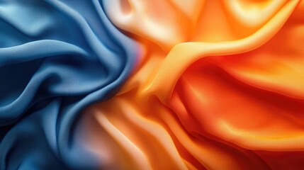 Abstract textile fabric in tangerine orange and blue hues flowing together with smooth drapery creating a vibrant color trend design background