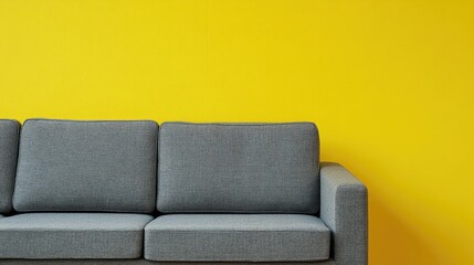 Modern grey three seater sofa against vibrant yellow wall ideal for contemporary interior design with ample space for text or branding