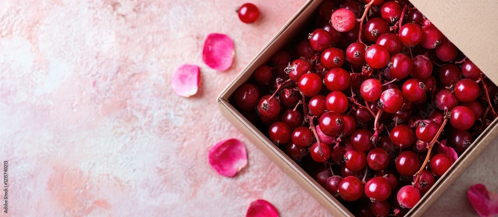 Poster a box of red berries with pink flower petals on a textured background creating space for text and de