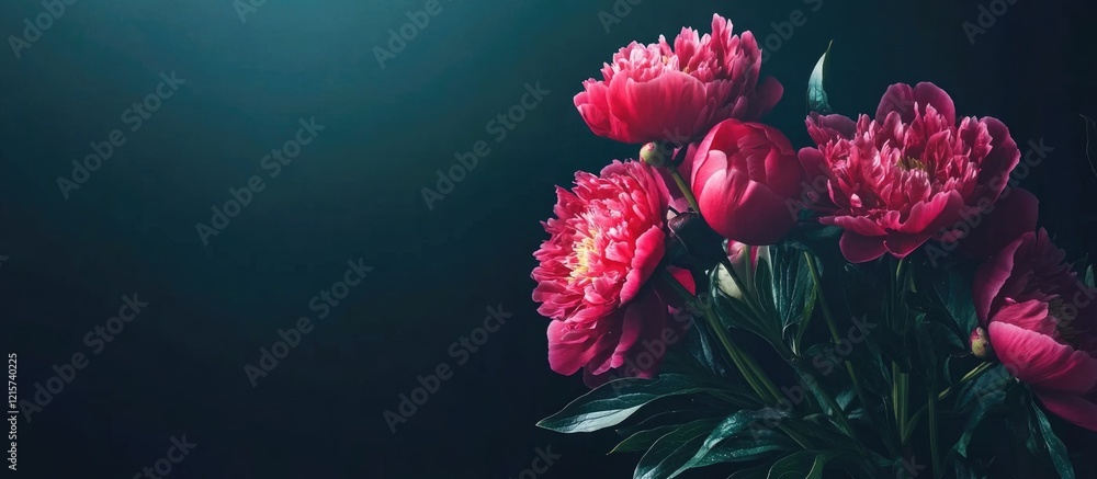 Aufkleber vibrant peonies in full bloom against a dark background with ample space for text to create captivat