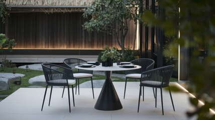 Modern outdoor dining set in serene garden.