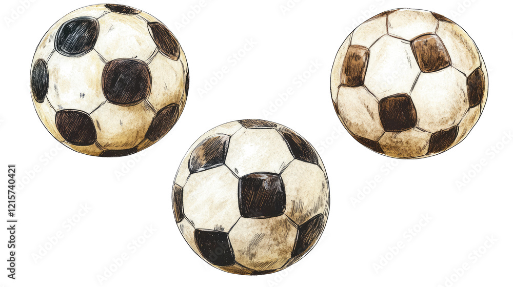 Poster sketches of soccer balls in various angles and styles generative ai