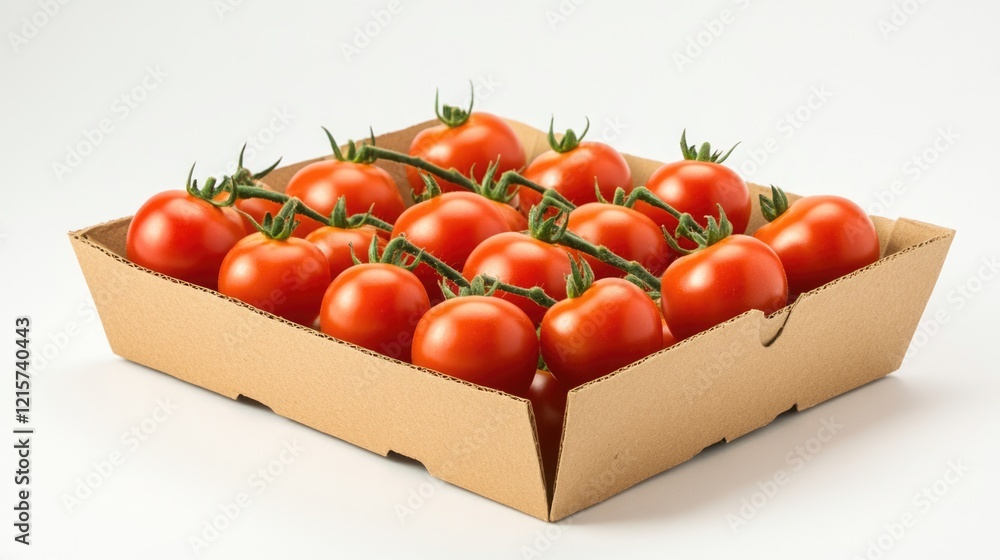 Poster freshly harvested cherry tomatoes in cardboard box with dewdrops and empty copy space for text on li