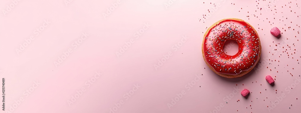 Poster doughnut with red icing and sprinkles on a pink background minimalism overhead view with empty space