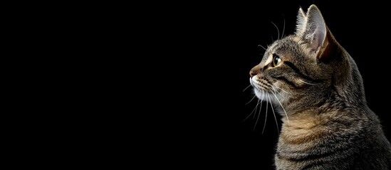 Obraz premium Portrait of a charming tabby cat against a dark background with ample copyspace for text or branding purposes.