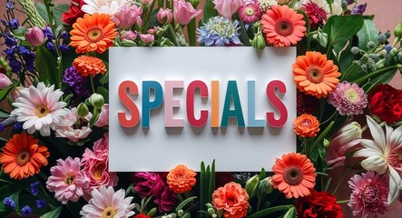 daily specials lettering on plain white card on bouquet of flowers background