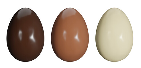 Collection of chocolate eggs including dark milk and white chocolate for easter celebrations, png isolated on transparent. 