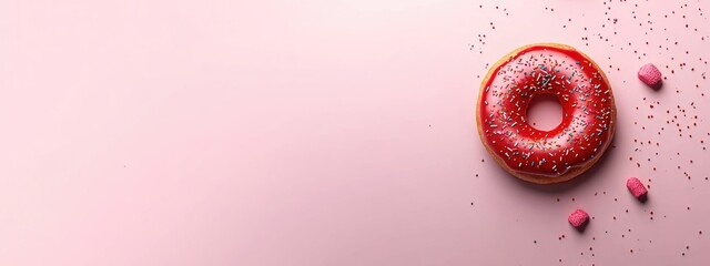 Doughnut with red icing and sprinkles on a pink background minimalism overhead view with empty space for text and design elements