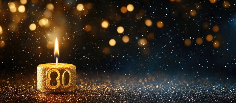 Elegant 80th Birthday Candle on Shimmering Glitter Background with Space for Personalized Message or Text