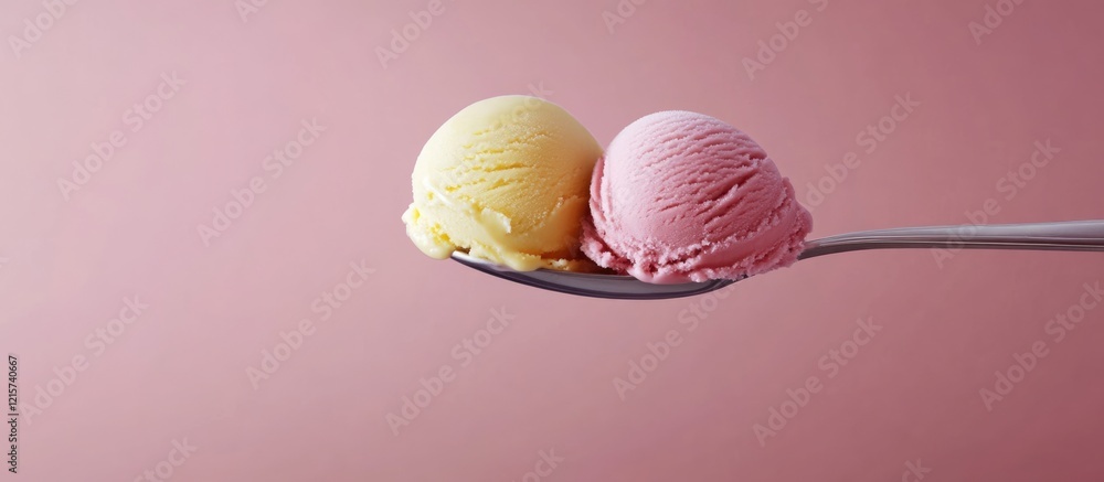 Poster assorted ice cream scoops on a silver spoon with pink background and empty space for text or brandin