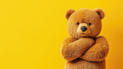 Obraz premium Confident orange teddy bear with crossed arms on vibrant yellow background symbolizing determination and pride with space for text insertion