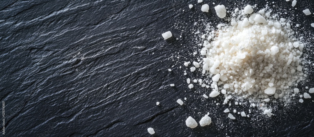 Poster white sea salt sprinkled on dark textured surface with ample empty space for culinary text or brandi