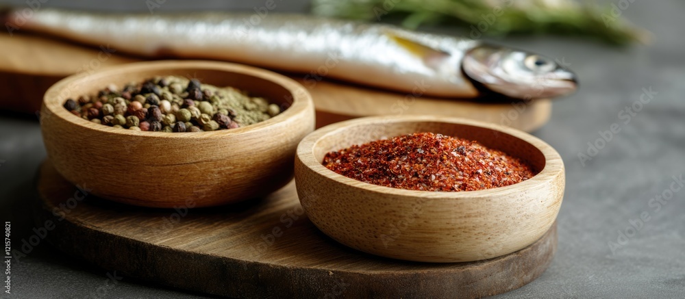 Poster rustic wooden bowls with assorted spices beside cured fish on a cutting board creating ample empty s