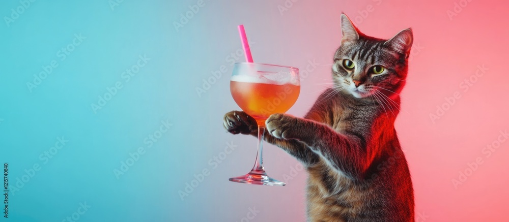 Poster cat enjoying a disco party while dancing with a cocktail in a colorful setting ideal for promotions 