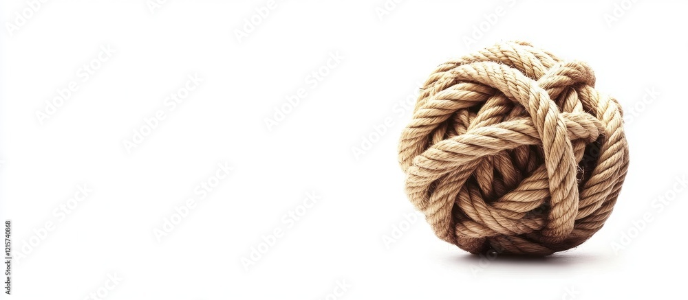 Poster a tangled ball of natural rope on a minimalistic white background with ample space for customizable 