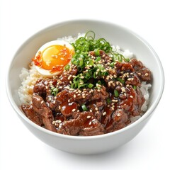bowl of marinated beef served with rice egg