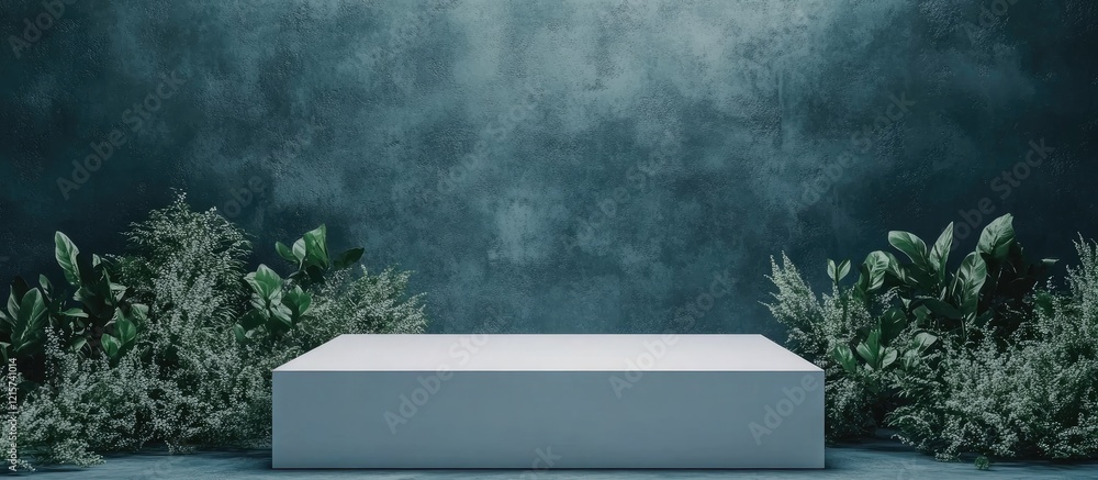 Poster minimalist abstract background featuring white cube podium surrounded by lush greenery and copyspace