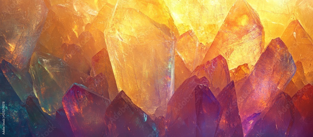 Poster vibrant rainbow and gold quartz crystal background with ample empty space for text or design element