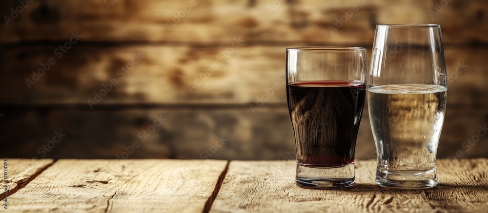 Aufkleber glasses of red and white wine with water on rustic wooden table in cozy cafe setting with space for 