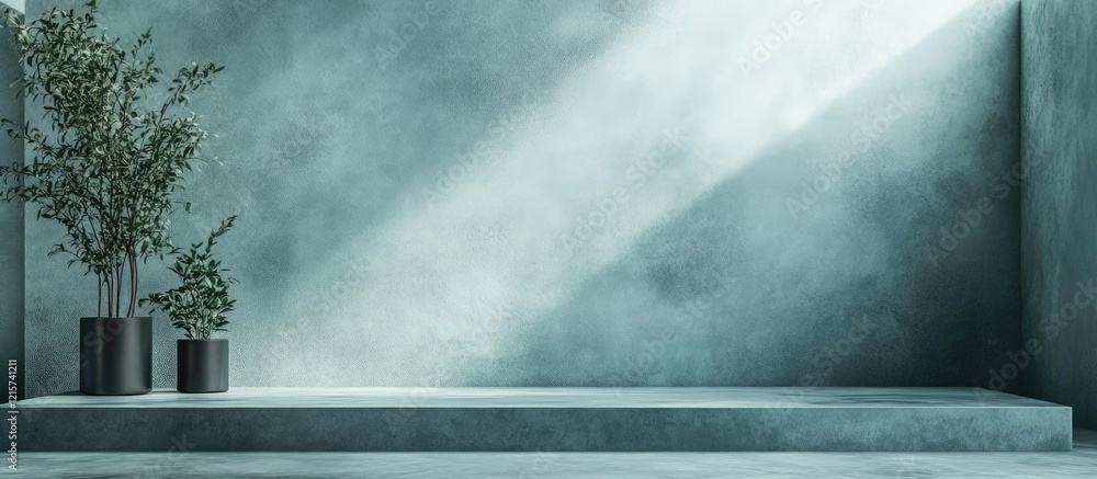 Poster textured light teal concrete background with plants and ample copy space for text ideal for design a
