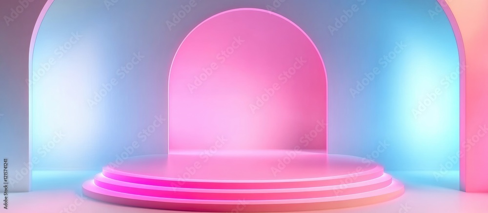 Poster abstract neon light background in pink and blue hue featuring empty podium space for creative text p