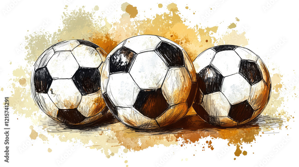 Poster sketches of soccer balls on a transparent background generative ai